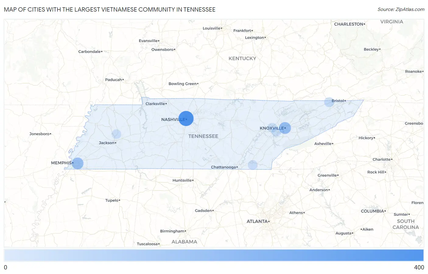 Cities with the Largest Vietnamese Community in Tennessee Map