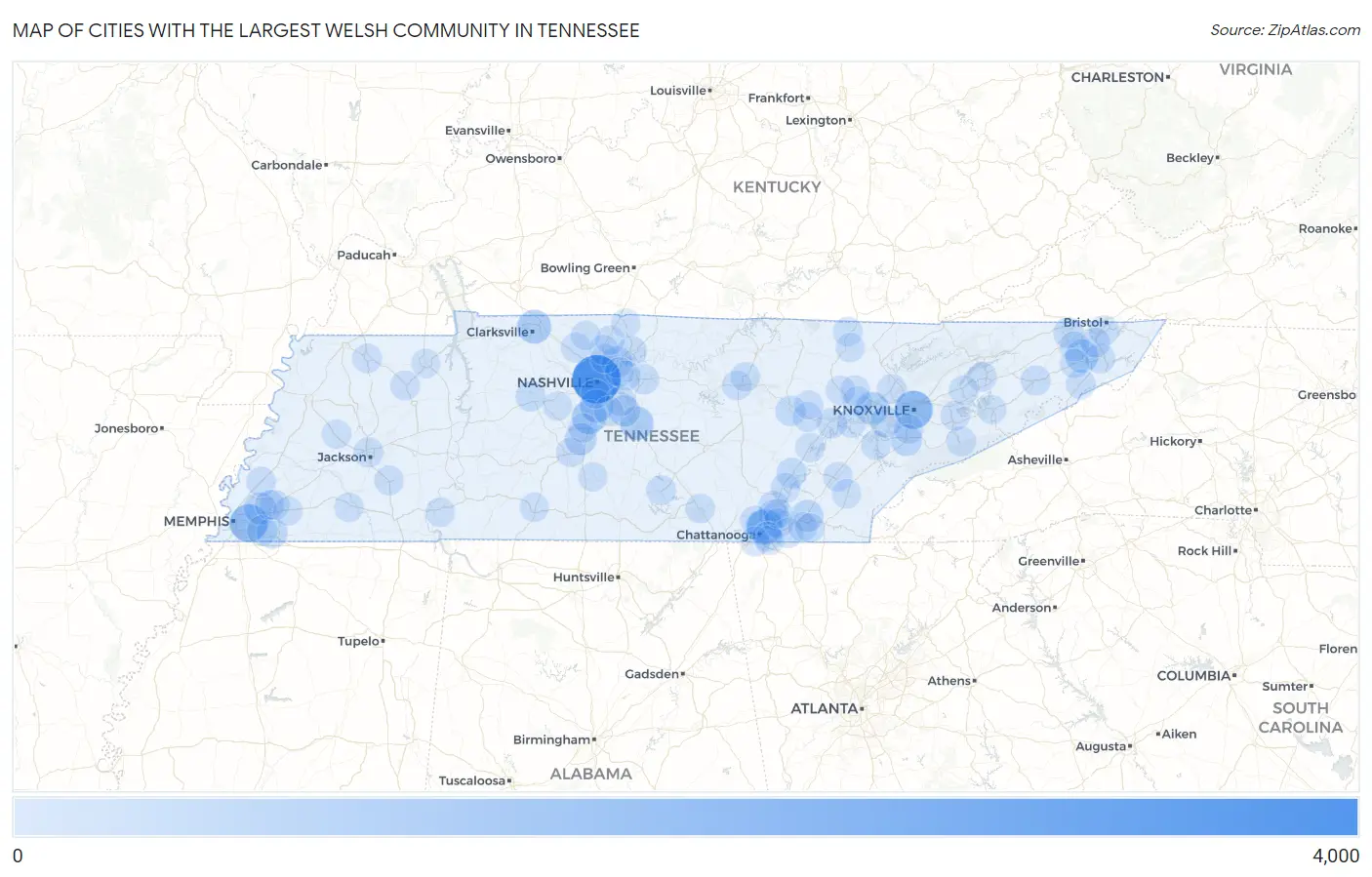 Cities with the Largest Welsh Community in Tennessee Map