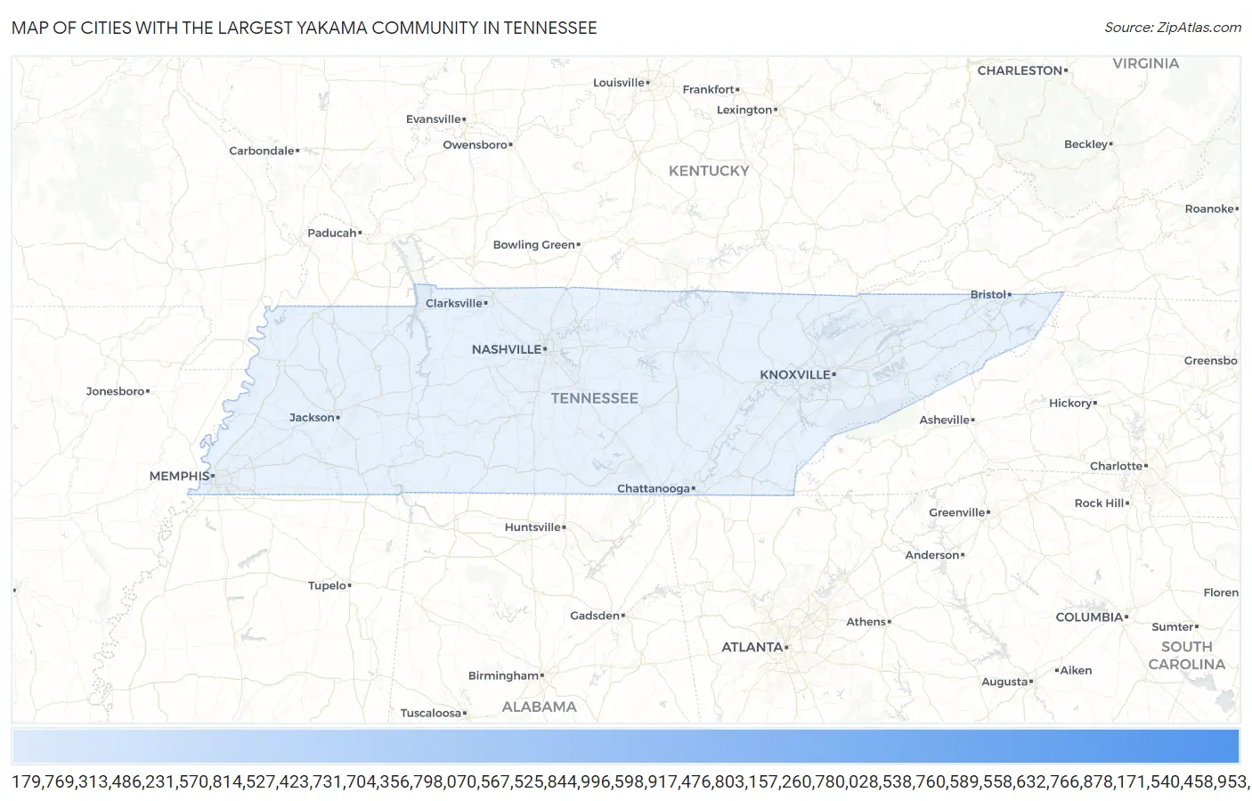 Cities with the Largest Yakama Community in Tennessee Map