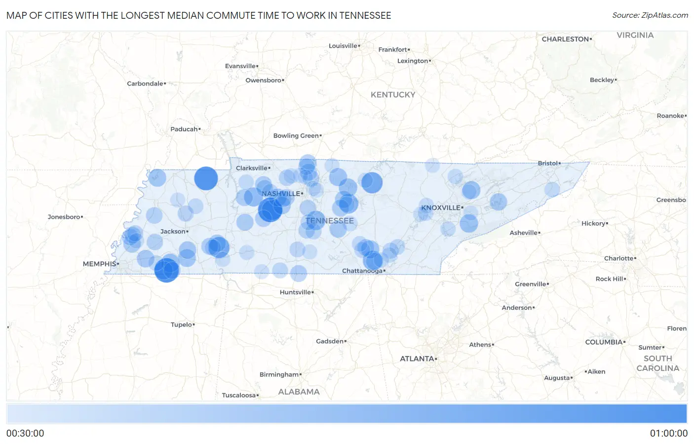 Cities with the Longest Median Commute Time to Work in Tennessee Map