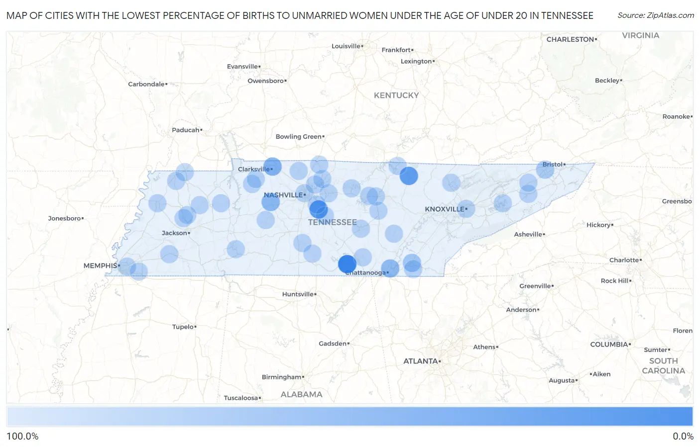 Cities with the Lowest Percentage of Births to Unmarried Women under the Age of under 20 in Tennessee Map