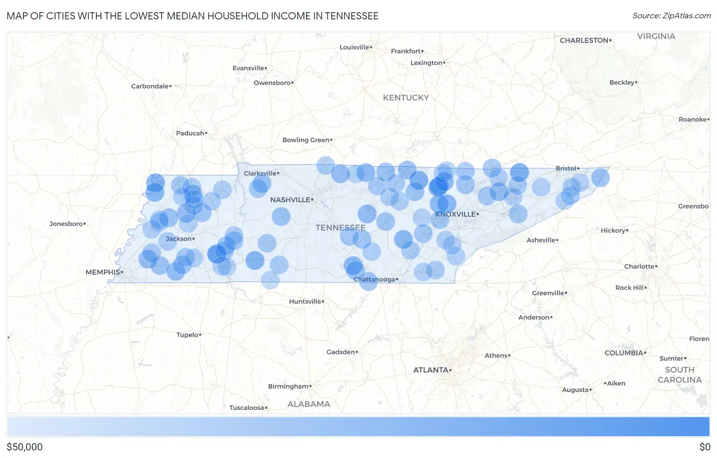 Cities with the Lowest Median Household Income in Tennessee Map