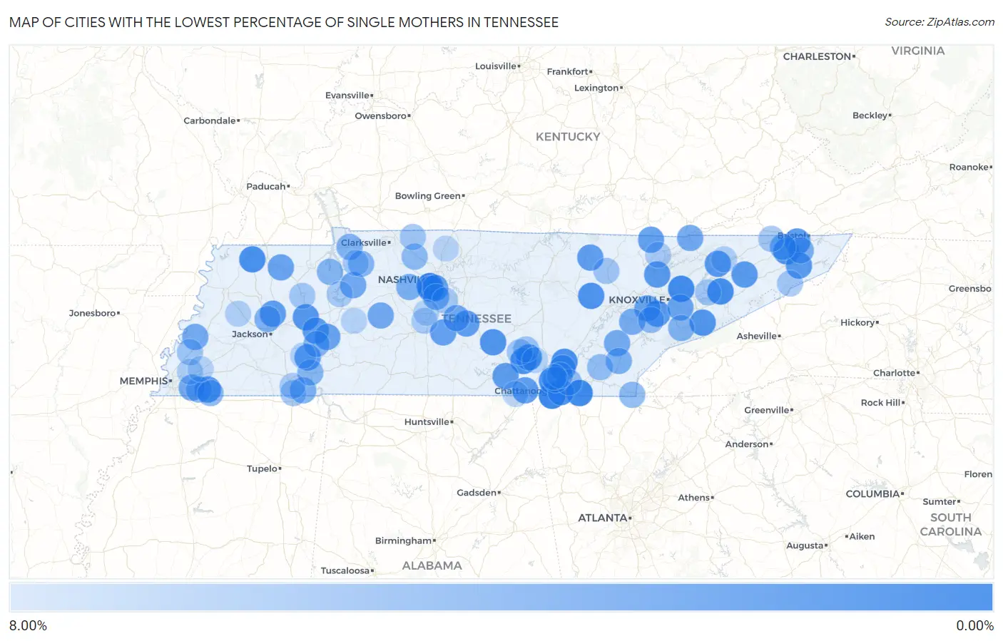 Cities with the Lowest Percentage of Single Mothers in Tennessee Map