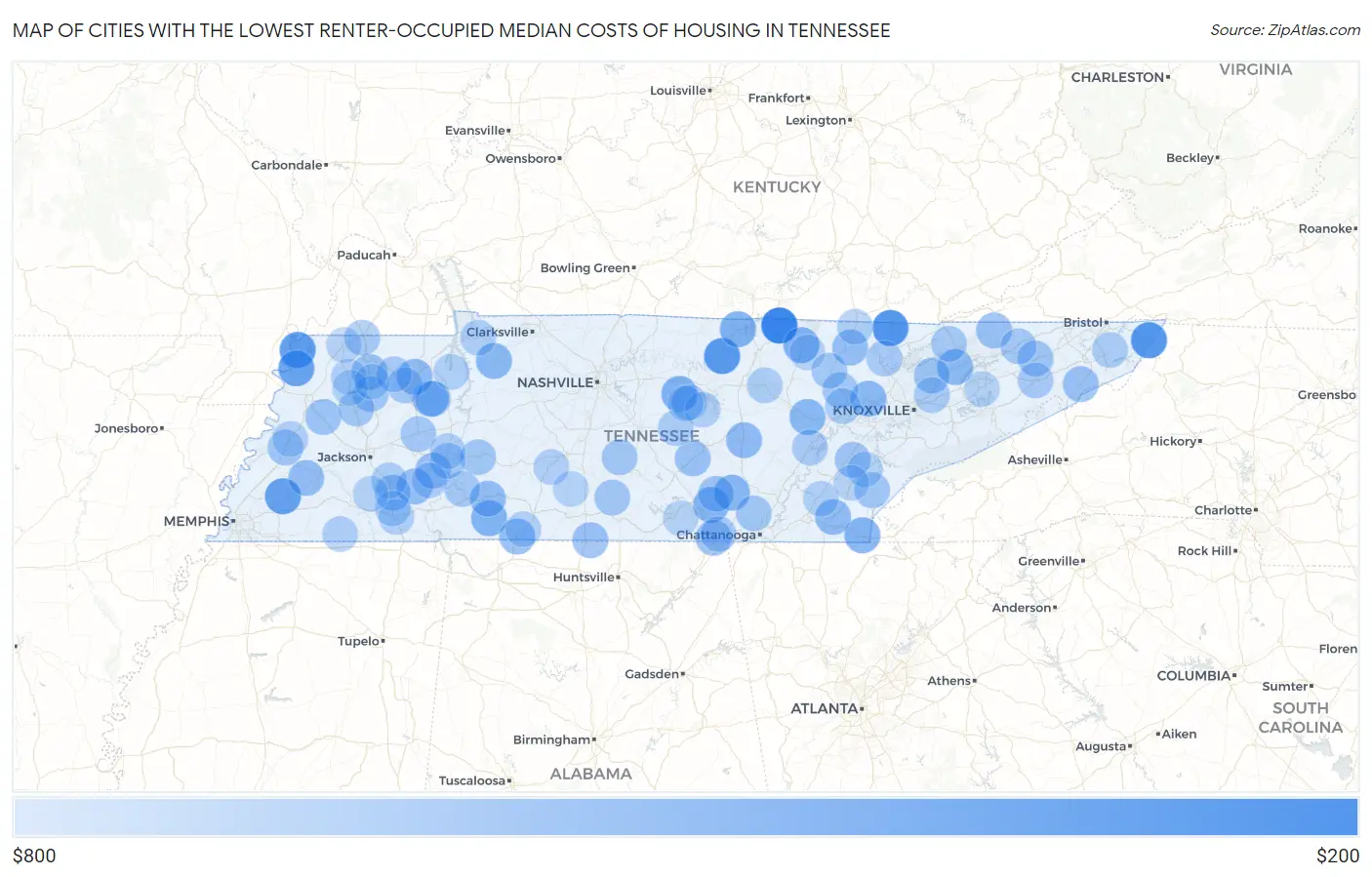 Cities with the Lowest Renter-Occupied Median Costs of Housing in Tennessee Map