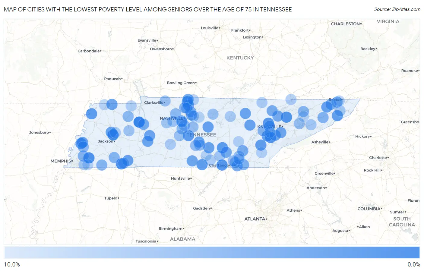 Cities with the Lowest Poverty Level Among Seniors Over the Age of 75 in Tennessee Map