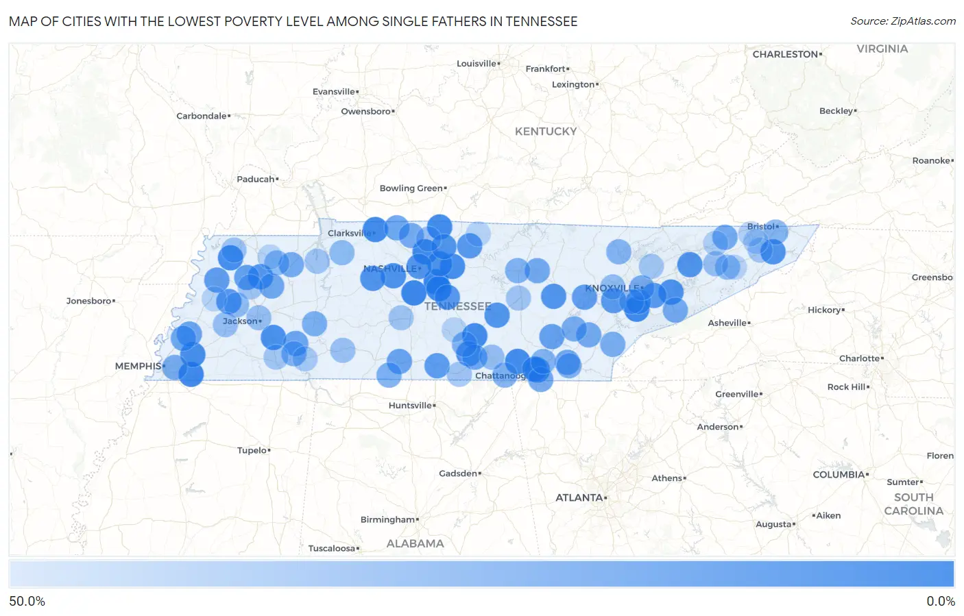 Cities with the Lowest Poverty Level Among Single Fathers in Tennessee Map