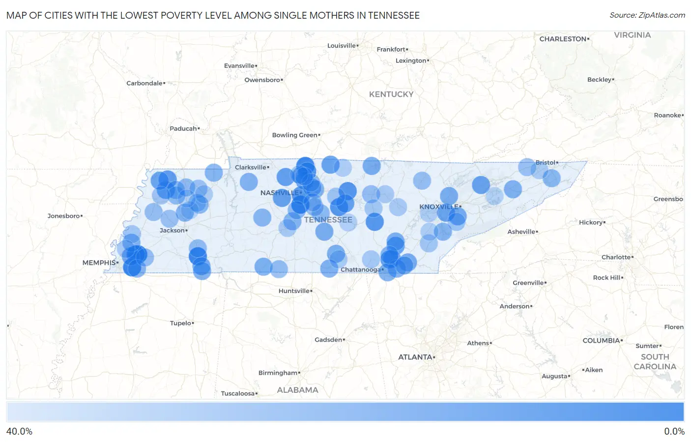 Cities with the Lowest Poverty Level Among Single Mothers in Tennessee Map