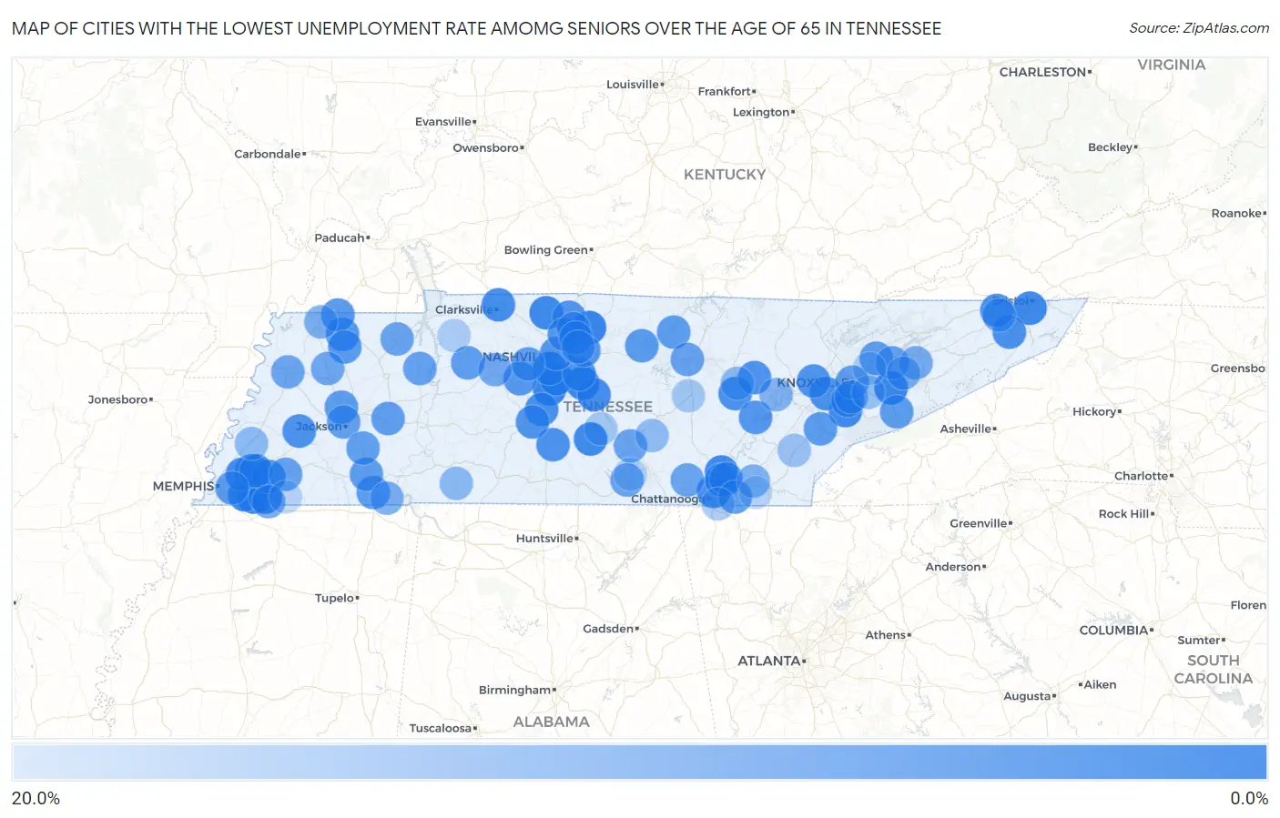 Cities with the Lowest Unemployment Rate Amomg Seniors Over the Age of 65 in Tennessee Map