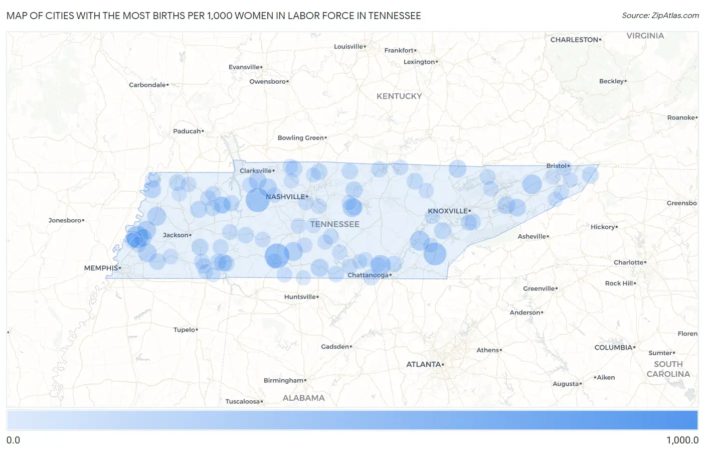Cities with the Most Births per 1,000 Women in Labor Force in Tennessee Map