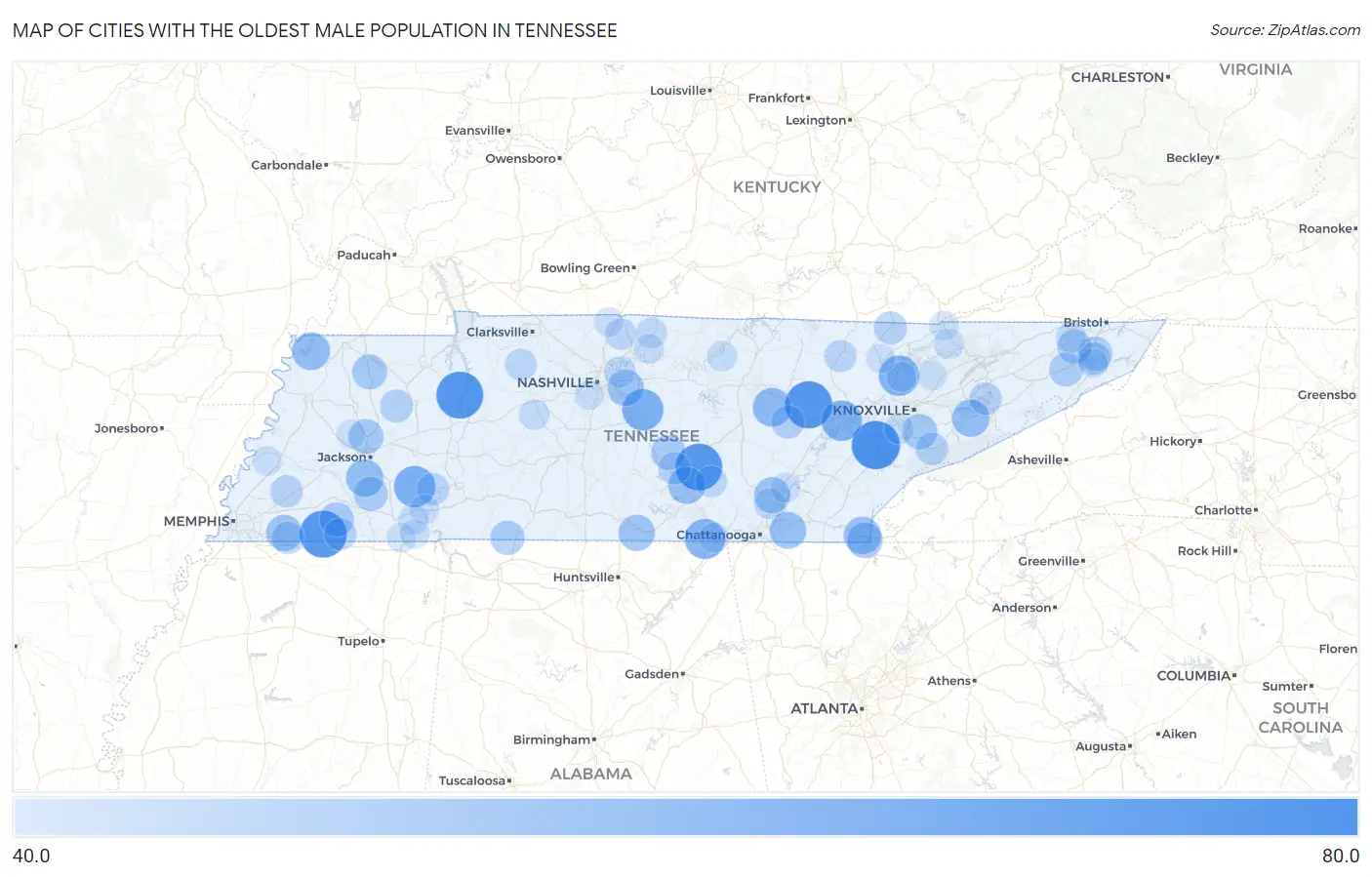 Cities with the Oldest Male Population in Tennessee Map