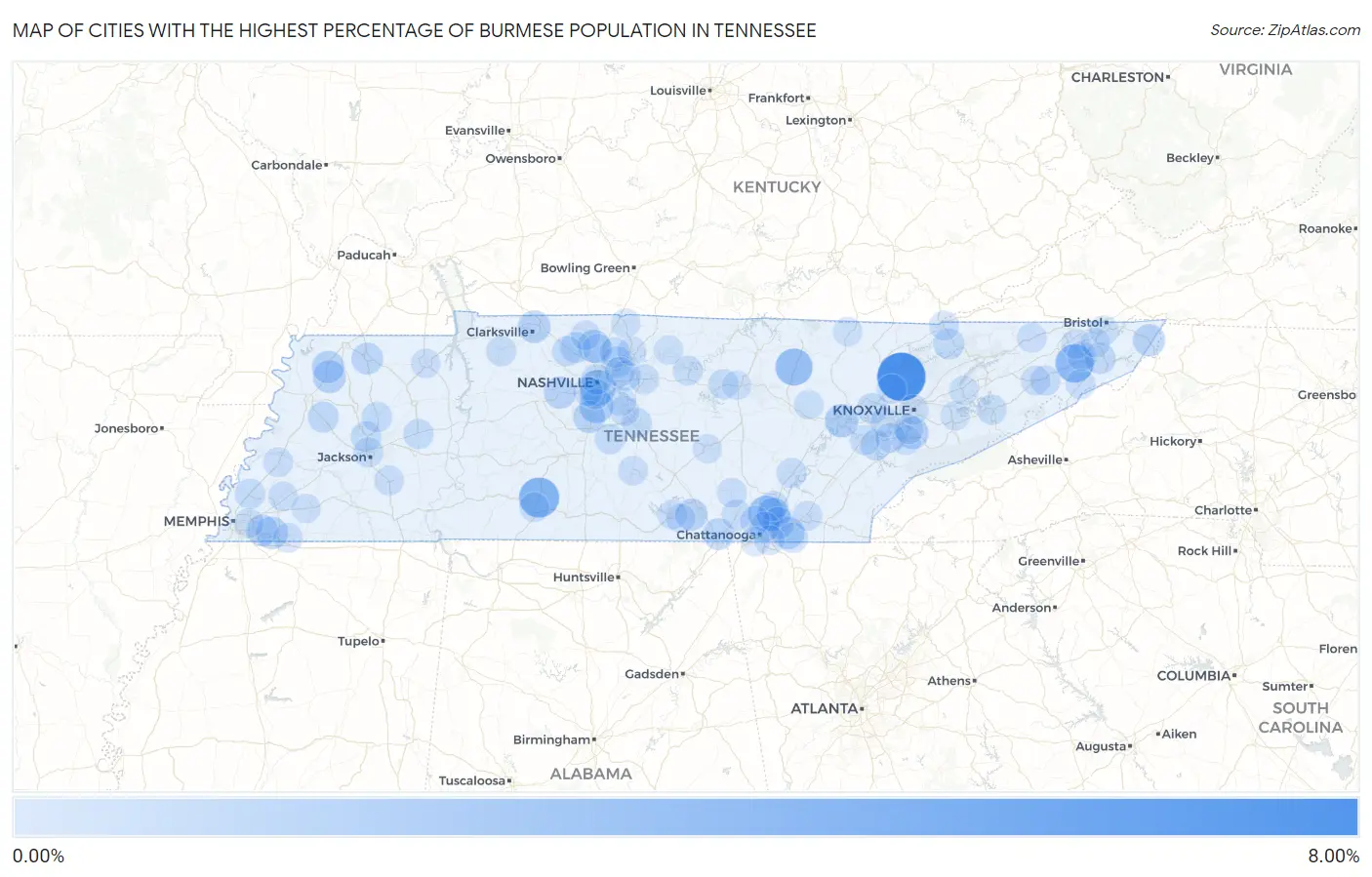 Cities with the Highest Percentage of Burmese Population in Tennessee Map
