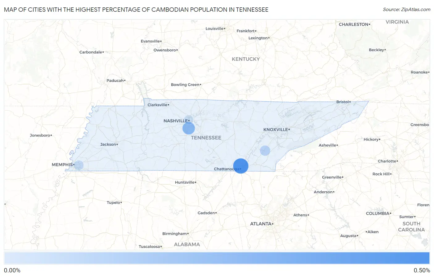 Cities with the Highest Percentage of Cambodian Population in Tennessee Map