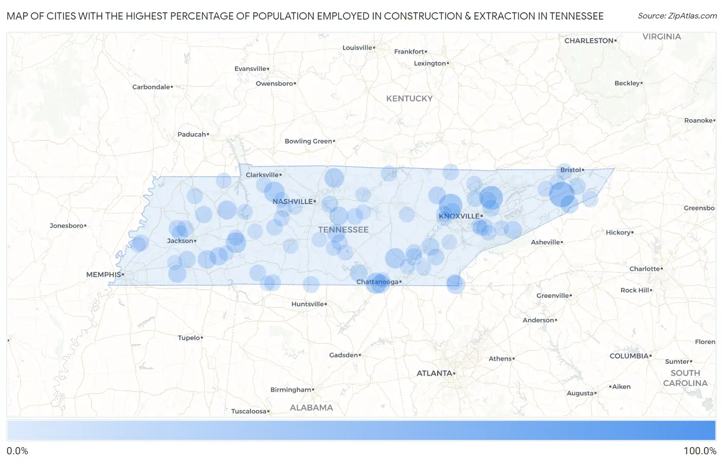 Cities with the Highest Percentage of Population Employed in Construction & Extraction in Tennessee Map
