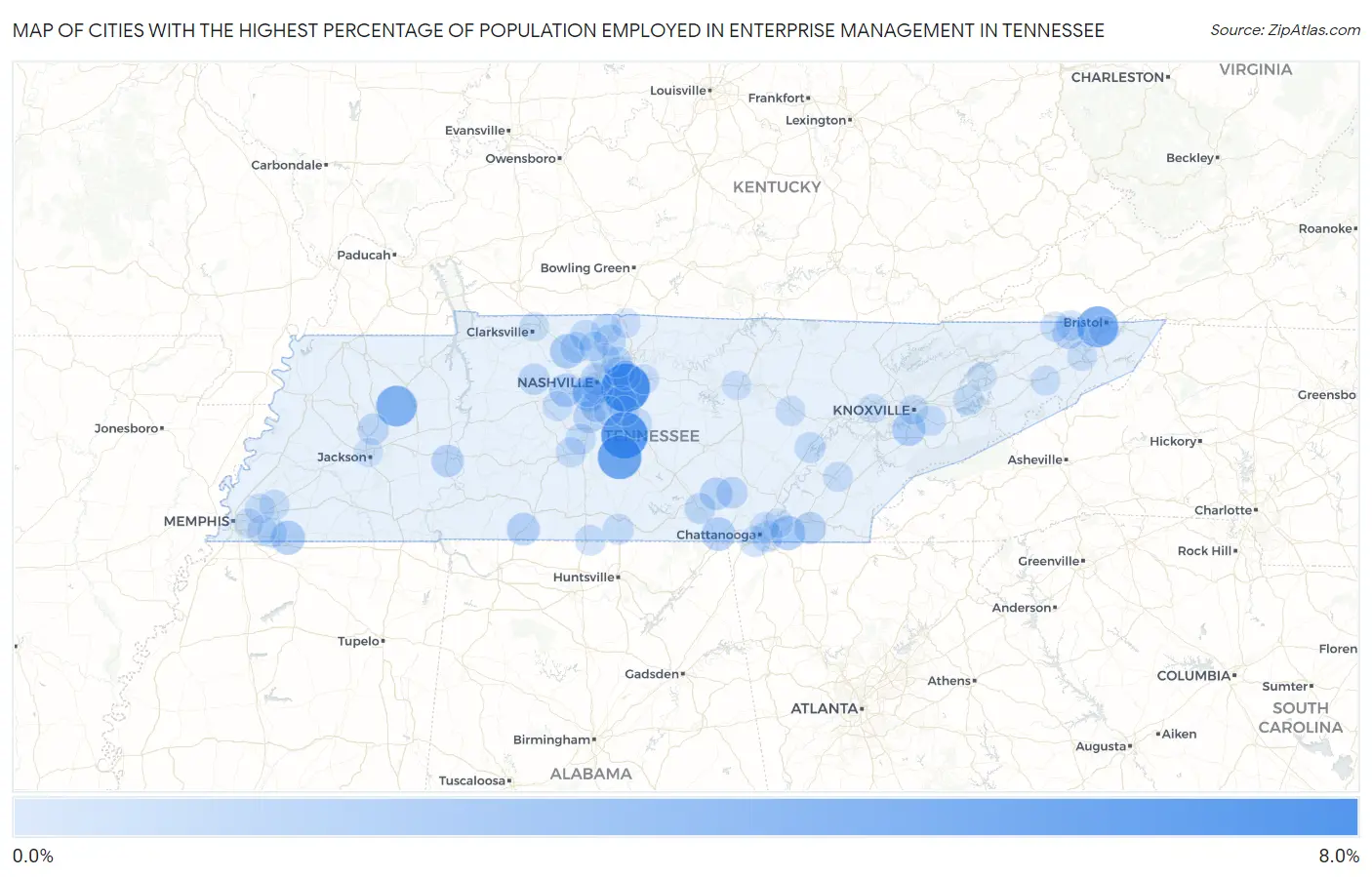 Cities with the Highest Percentage of Population Employed in Enterprise Management in Tennessee Map