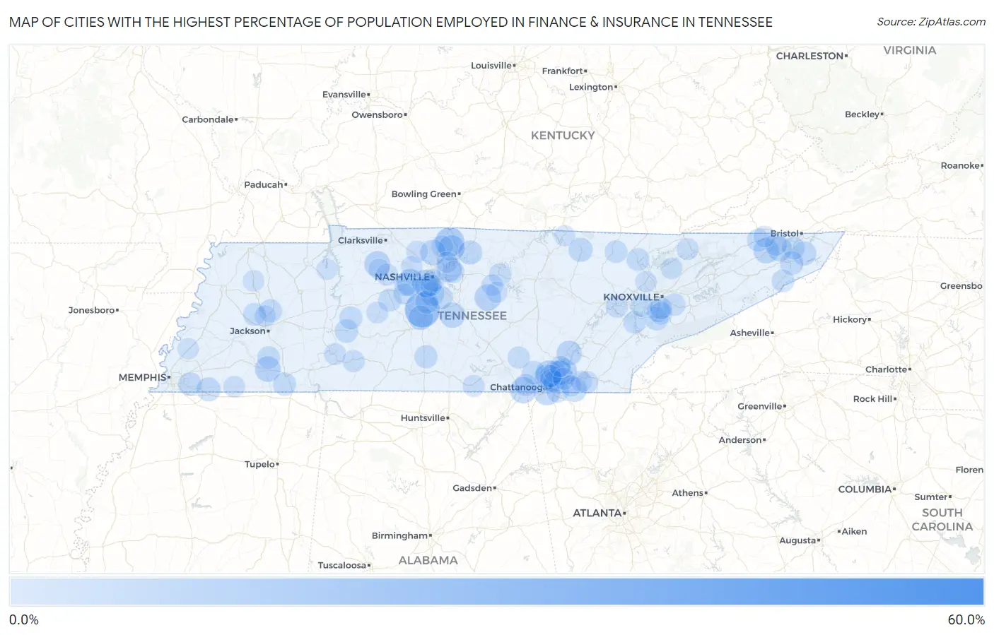 Cities with the Highest Percentage of Population Employed in Finance & Insurance in Tennessee Map