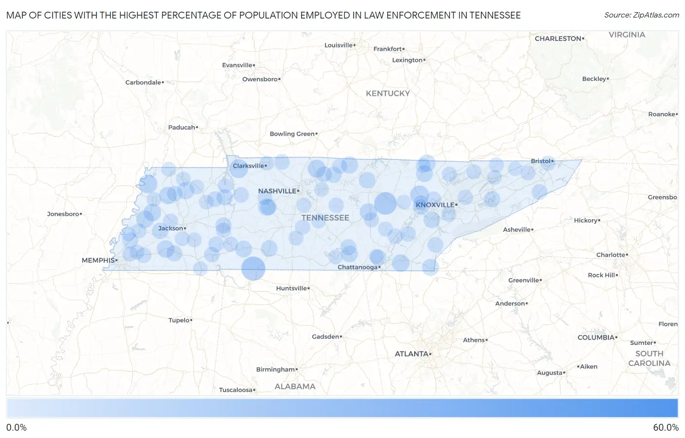 Cities with the Highest Percentage of Population Employed in Law Enforcement in Tennessee Map