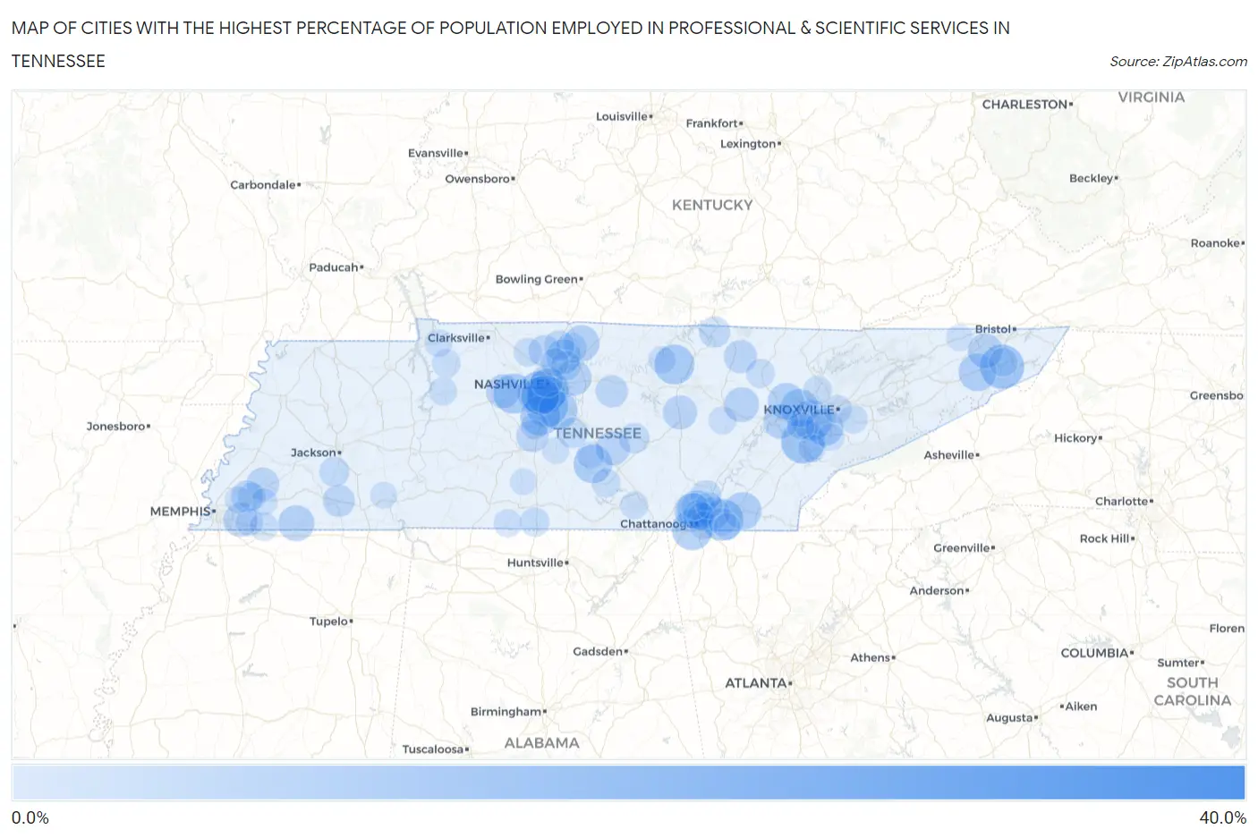 Cities with the Highest Percentage of Population Employed in Professional & Scientific Services in Tennessee Map