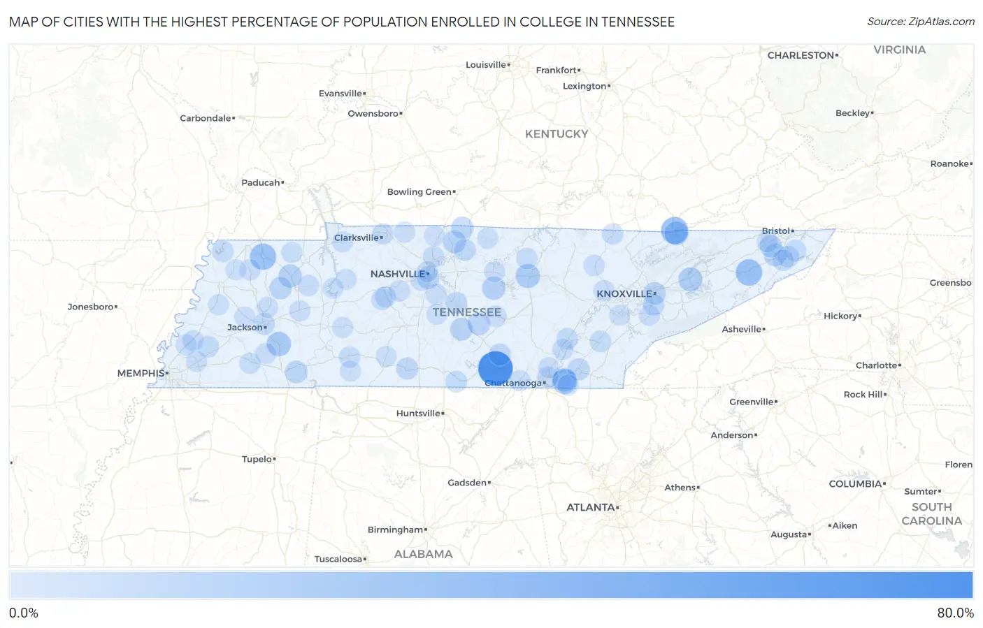 Cities with the Highest Percentage of Population Enrolled in College in Tennessee Map