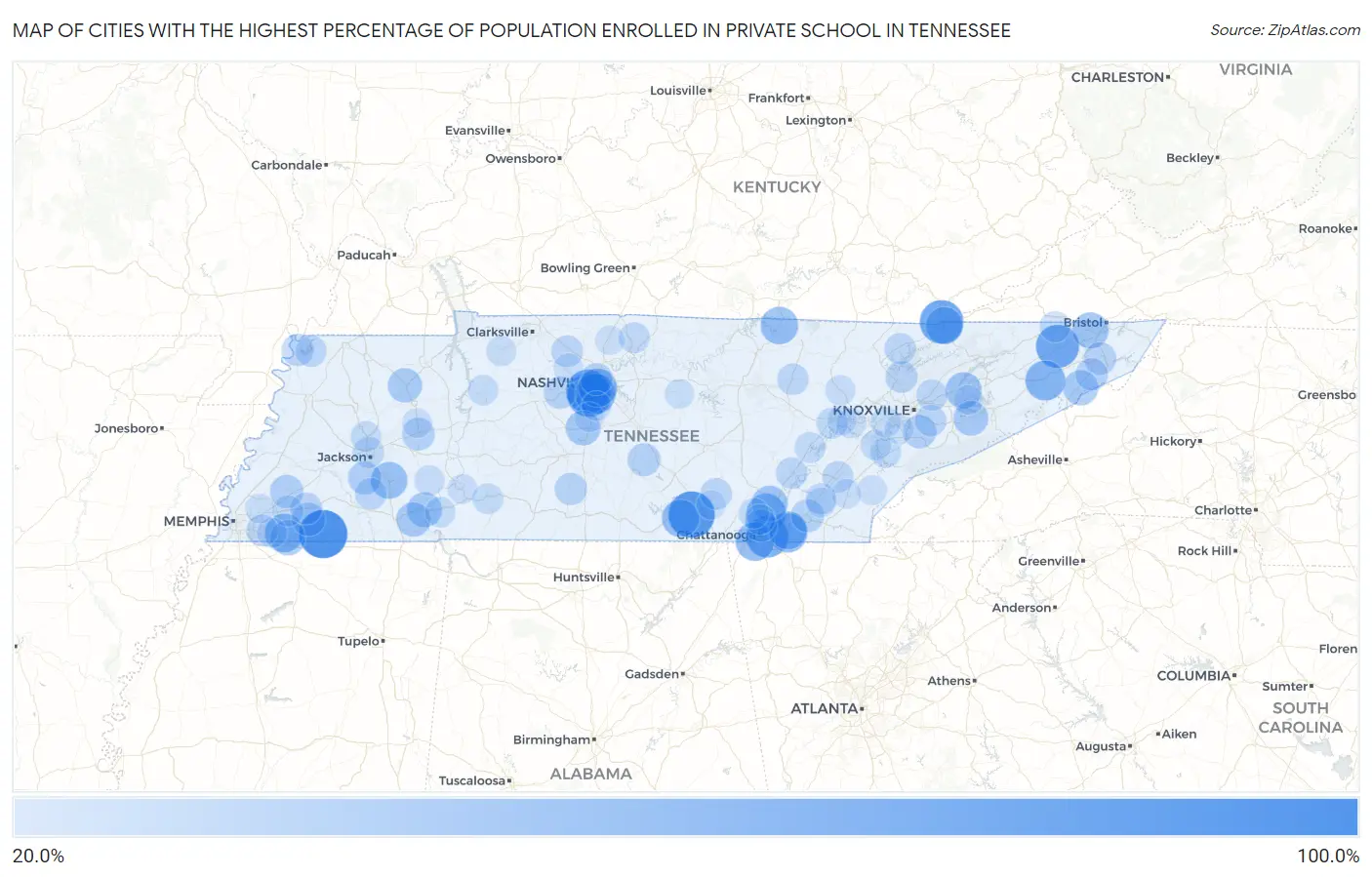 Cities with the Highest Percentage of Population Enrolled in Private School in Tennessee Map