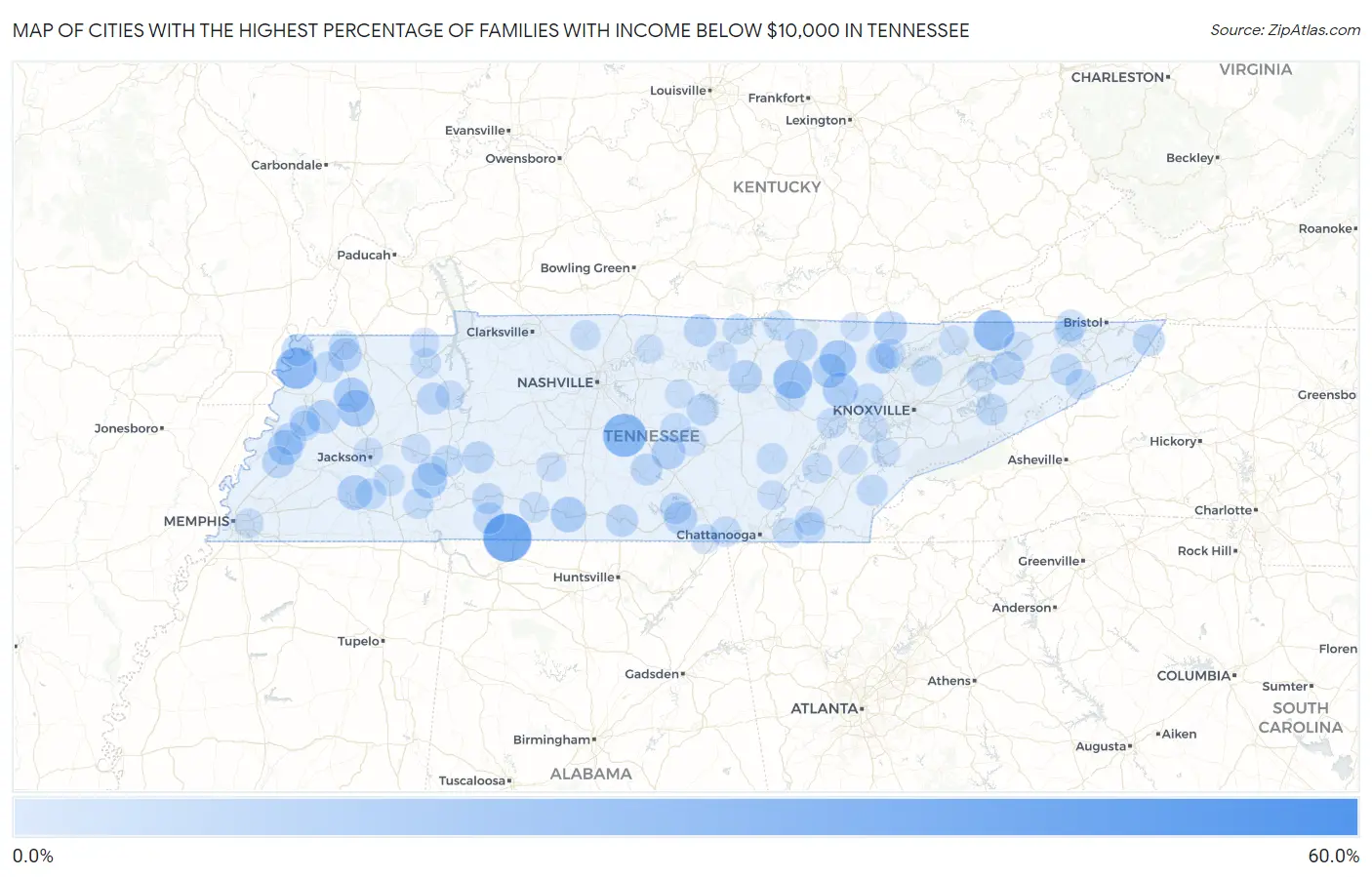 Cities with the Highest Percentage of Families with Income Below $10,000 in Tennessee Map