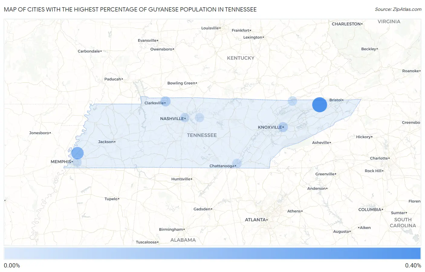 Cities with the Highest Percentage of Guyanese Population in Tennessee Map
