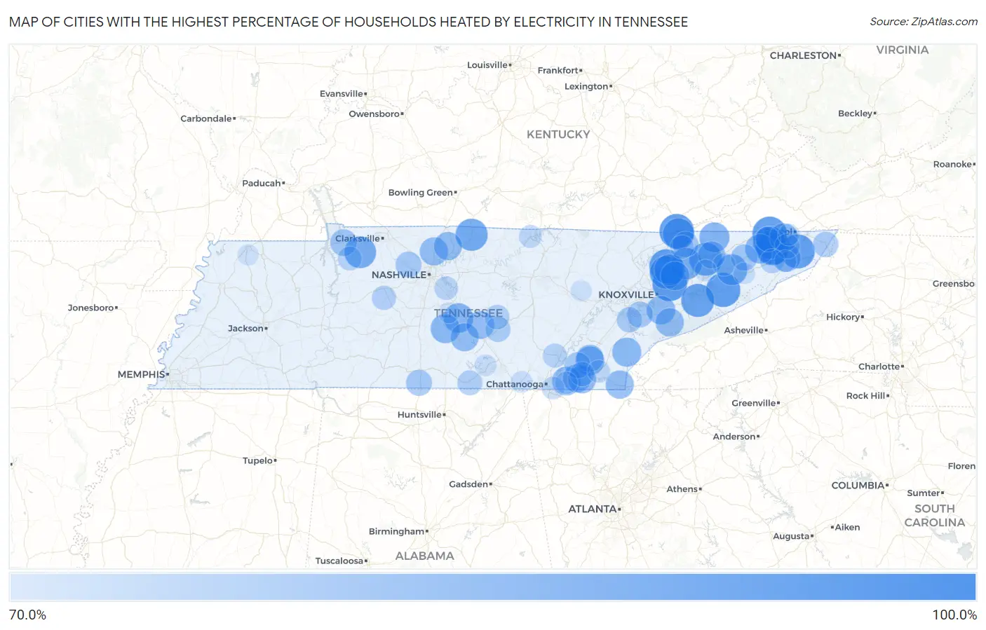 Cities with the Highest Percentage of Households Heated by Electricity in Tennessee Map