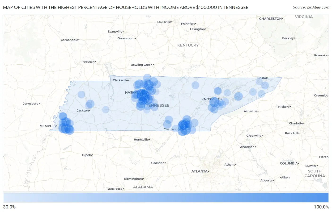 Cities with the Highest Percentage of Households with Income Above $100,000 in Tennessee Map