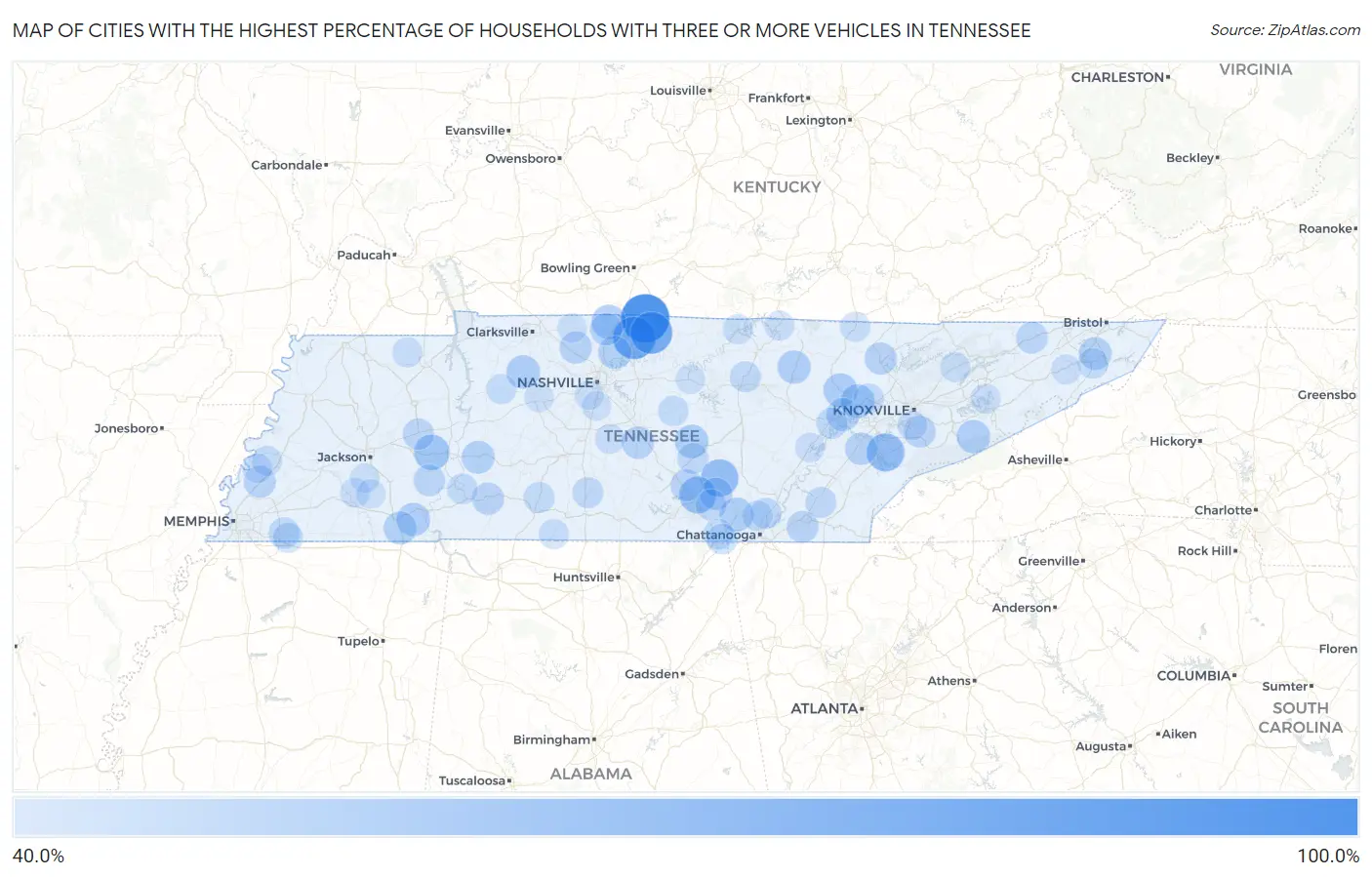 Cities with the Highest Percentage of Households With Three or more Vehicles in Tennessee Map