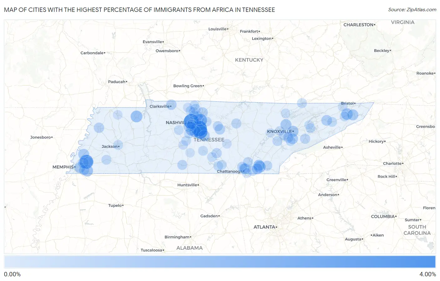 Cities with the Highest Percentage of Immigrants from Africa in Tennessee Map