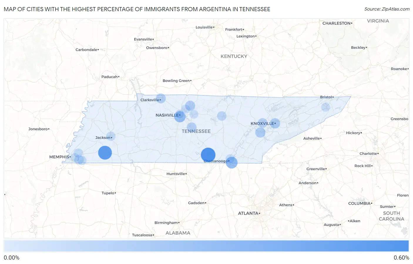 Cities with the Highest Percentage of Immigrants from Argentina in Tennessee Map