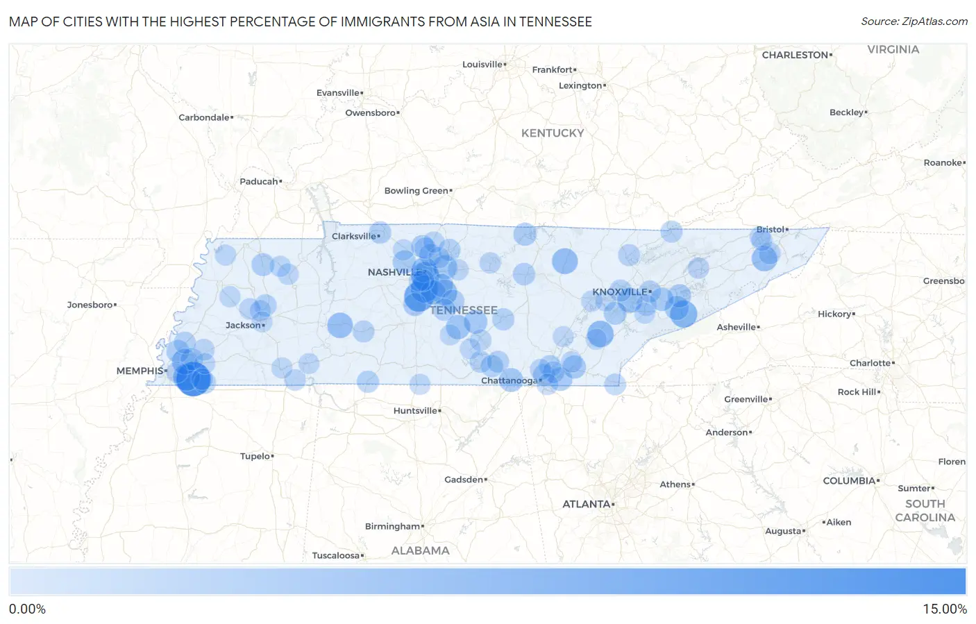 Cities with the Highest Percentage of Immigrants from Asia in Tennessee Map