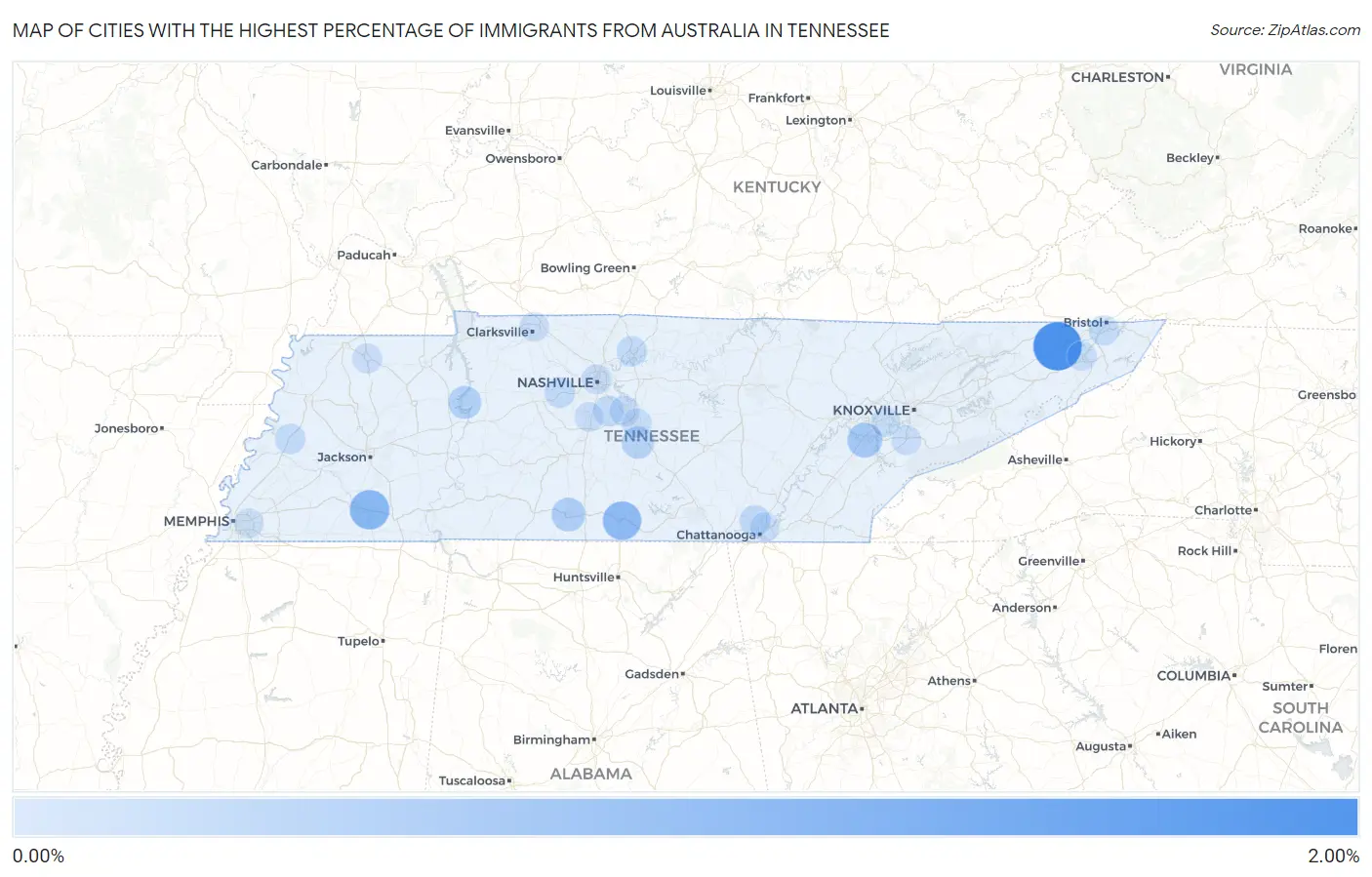 Cities with the Highest Percentage of Immigrants from Australia in Tennessee Map
