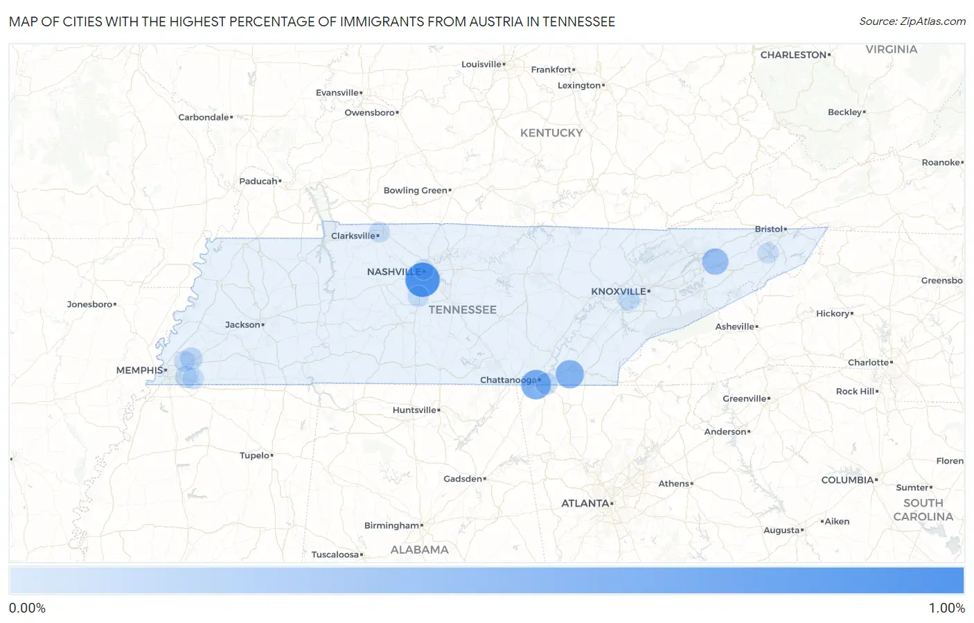 Cities with the Highest Percentage of Immigrants from Austria in Tennessee Map