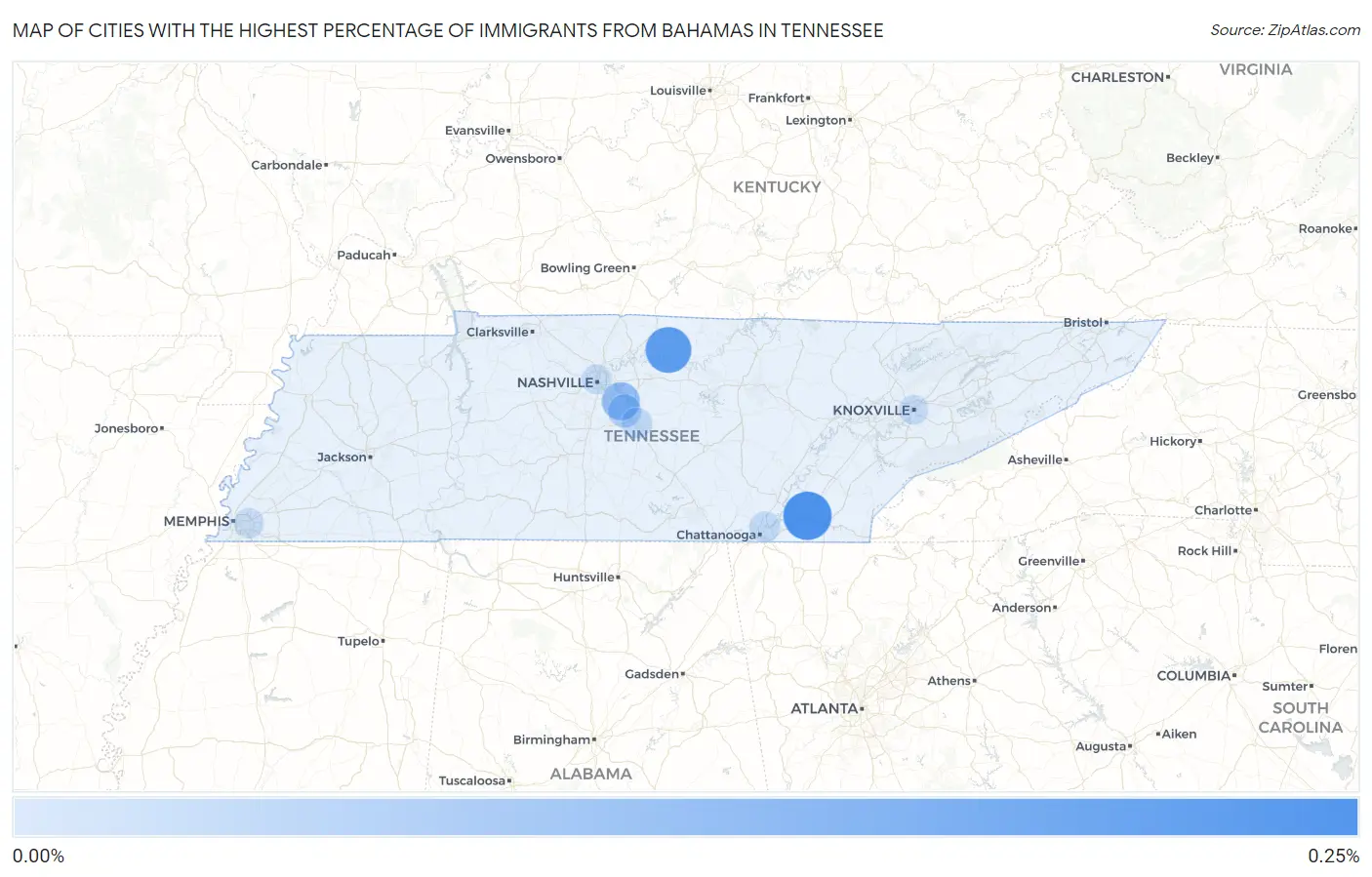 Cities with the Highest Percentage of Immigrants from Bahamas in Tennessee Map