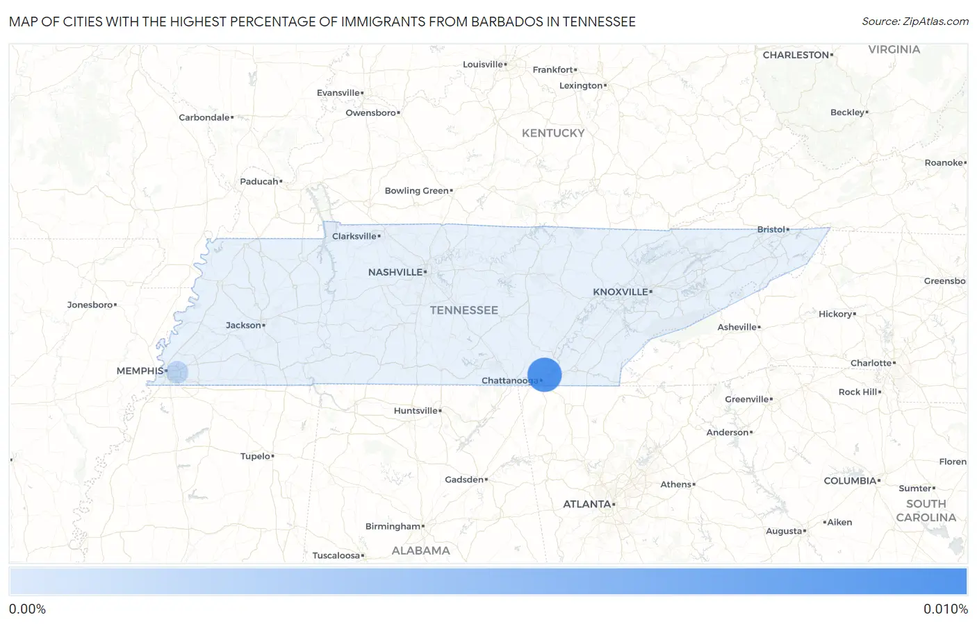 Cities with the Highest Percentage of Immigrants from Barbados in Tennessee Map