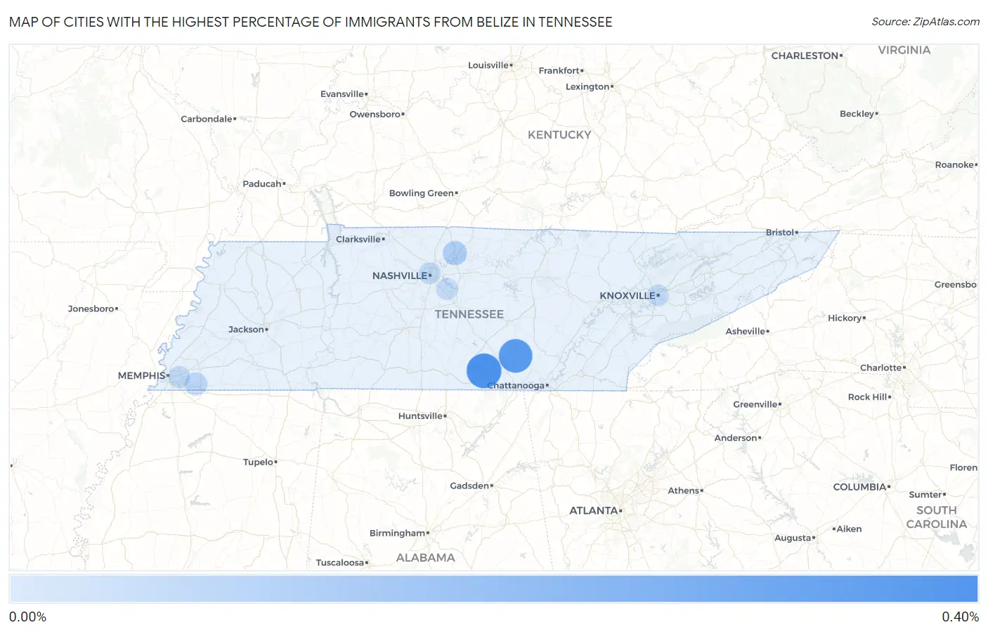 Cities with the Highest Percentage of Immigrants from Belize in Tennessee Map