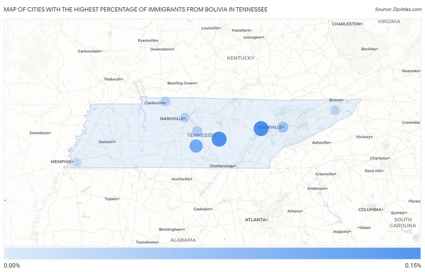 Cities with the Highest Percentage of Immigrants from Bolivia in Tennessee Map