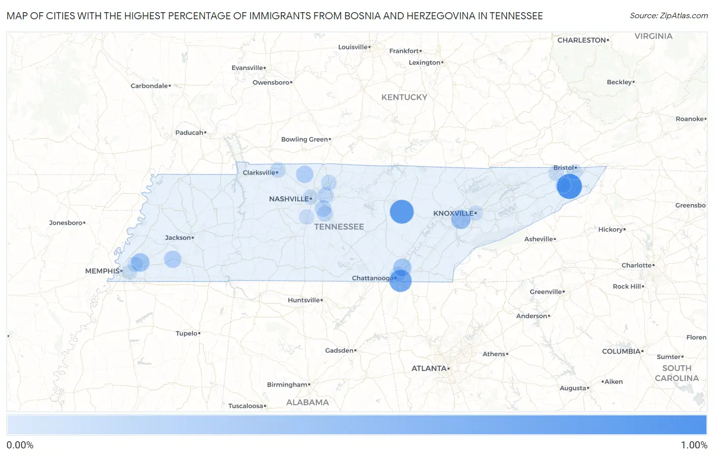 Cities with the Highest Percentage of Immigrants from Bosnia and Herzegovina in Tennessee Map