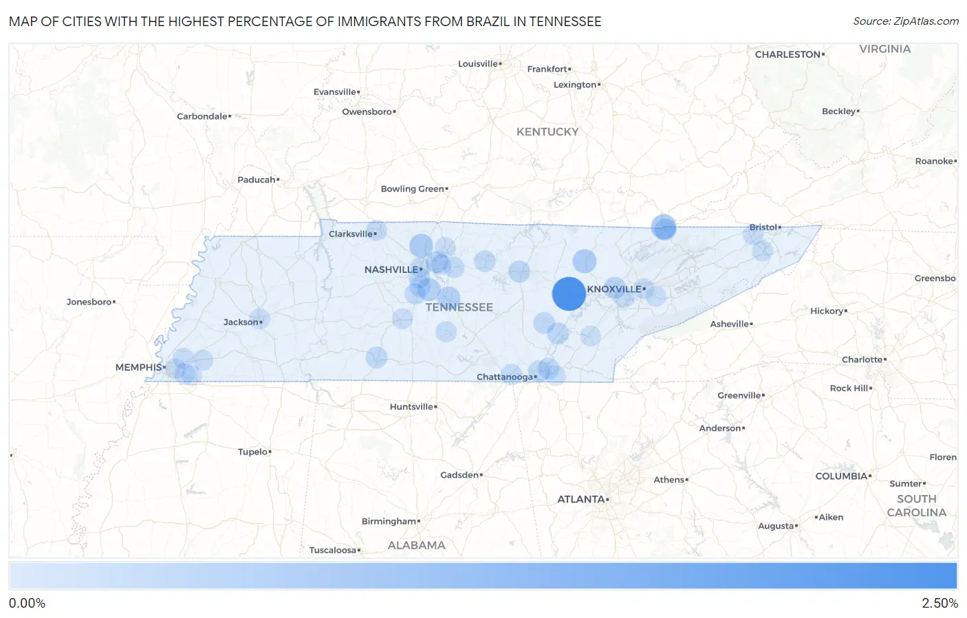 Cities with the Highest Percentage of Immigrants from Brazil in Tennessee Map