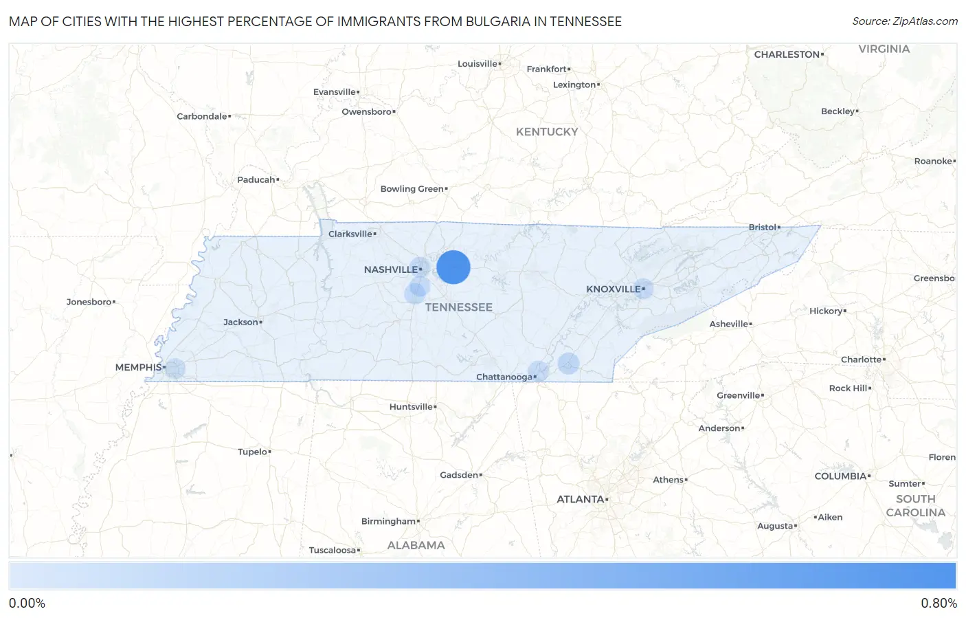 Cities with the Highest Percentage of Immigrants from Bulgaria in Tennessee Map