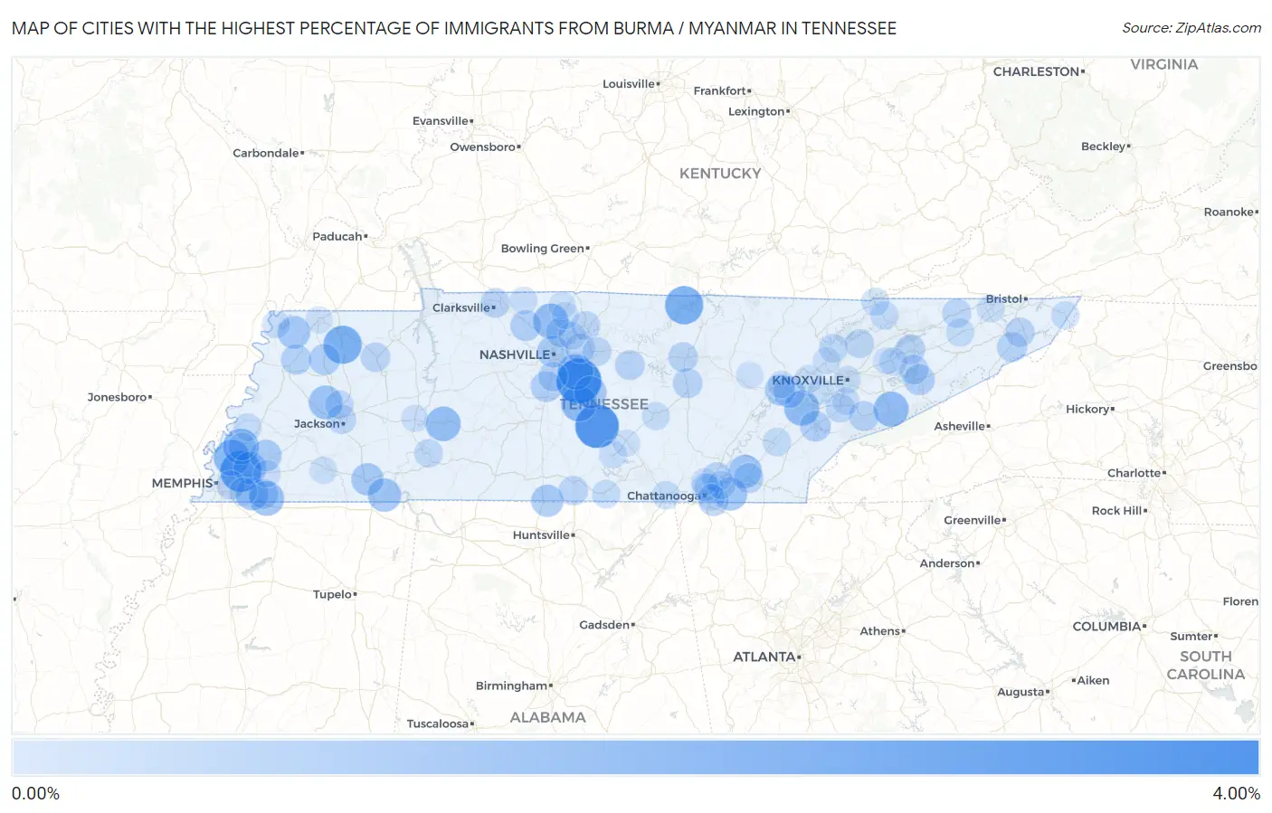 Cities with the Highest Percentage of Immigrants from Burma / Myanmar in Tennessee Map