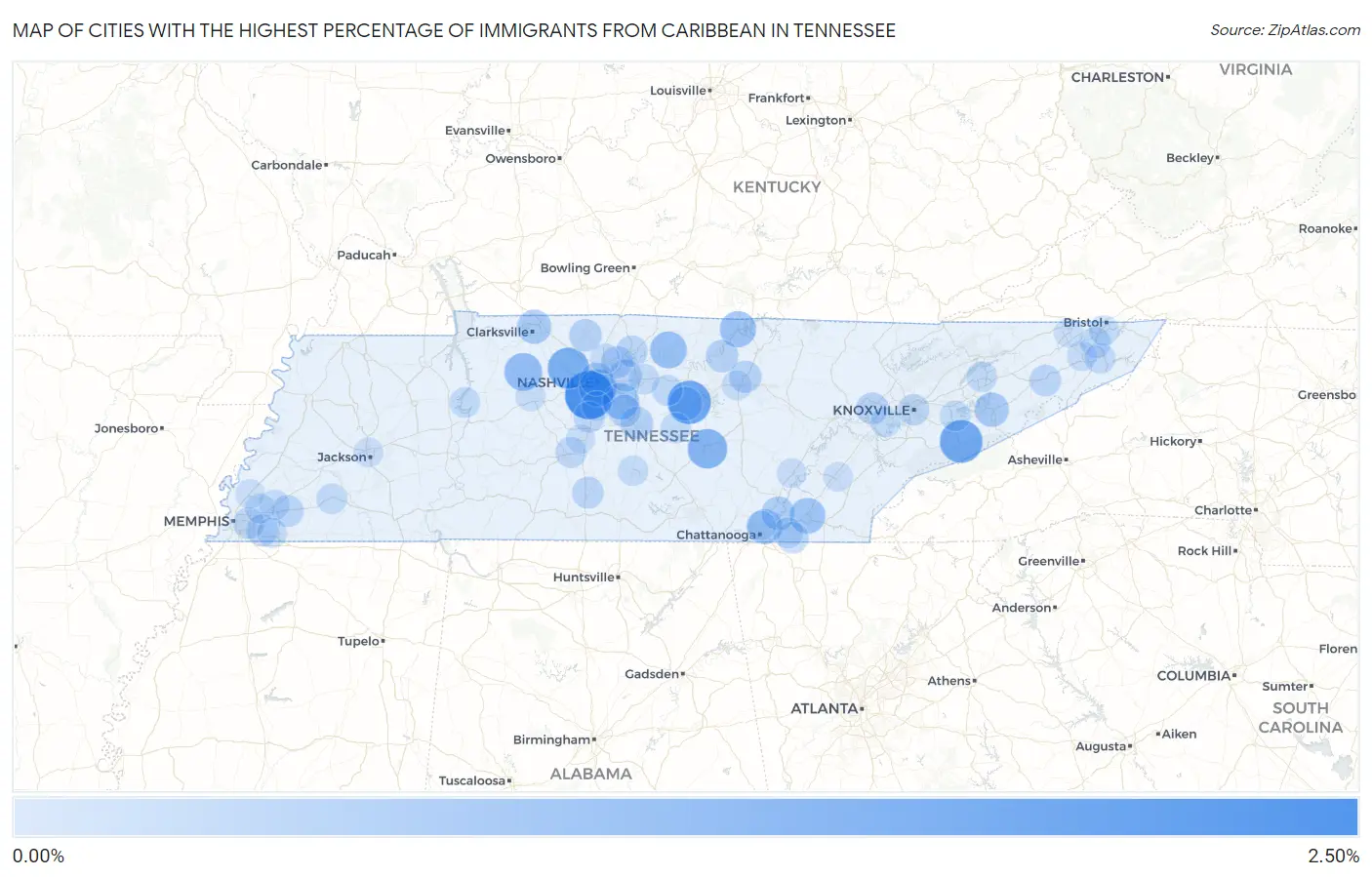 Cities with the Highest Percentage of Immigrants from Caribbean in Tennessee Map