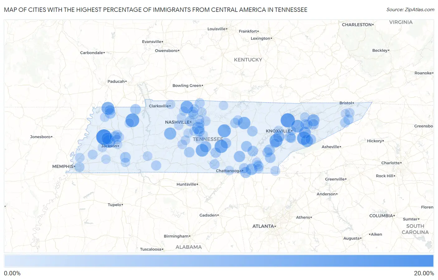 Cities with the Highest Percentage of Immigrants from Central America in Tennessee Map