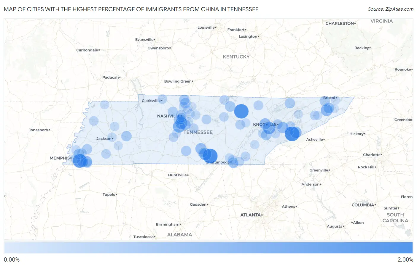Cities with the Highest Percentage of Immigrants from China in Tennessee Map