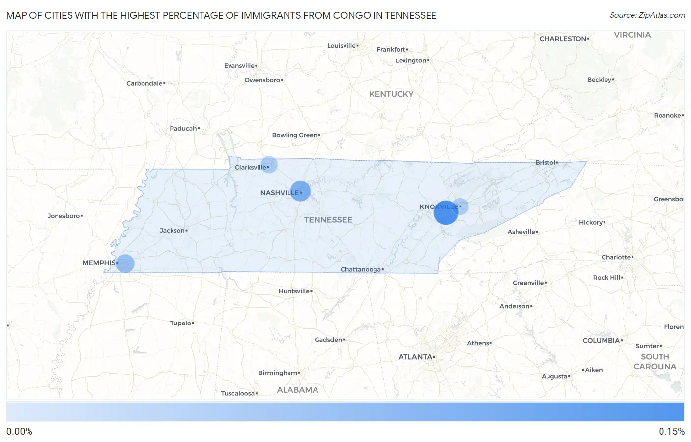 Cities with the Highest Percentage of Immigrants from Congo in Tennessee Map