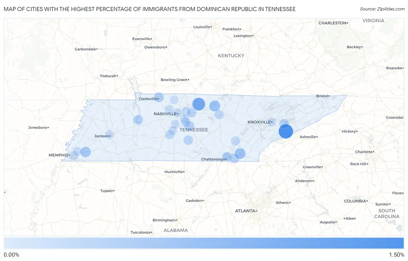 Cities with the Highest Percentage of Immigrants from Dominican Republic in Tennessee Map