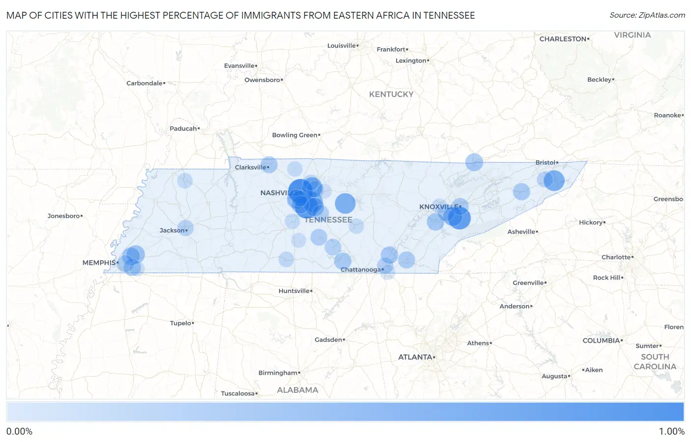 Cities with the Highest Percentage of Immigrants from Eastern Africa in Tennessee Map