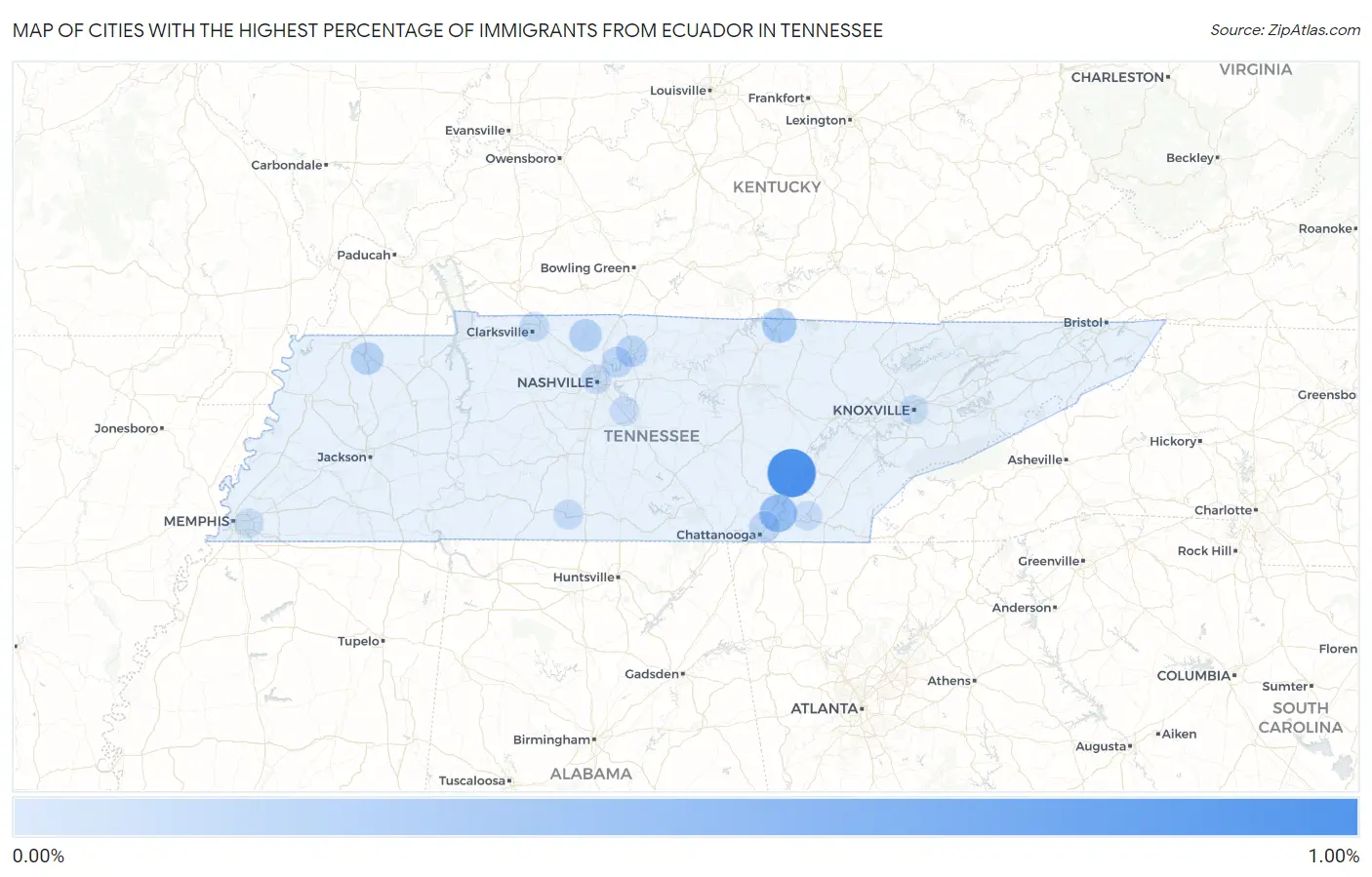 Cities with the Highest Percentage of Immigrants from Ecuador in Tennessee Map