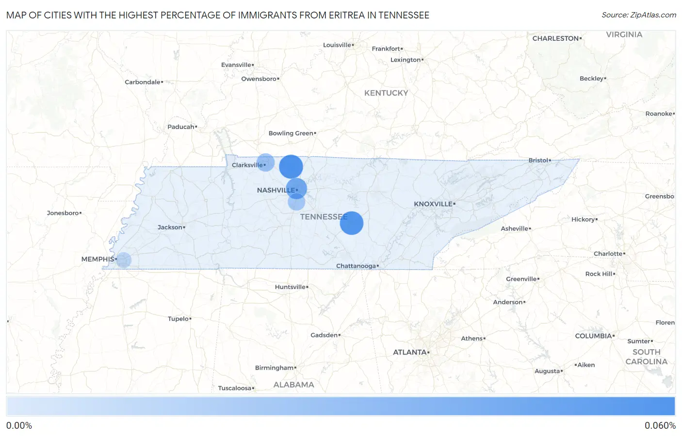 Cities with the Highest Percentage of Immigrants from Eritrea in Tennessee Map