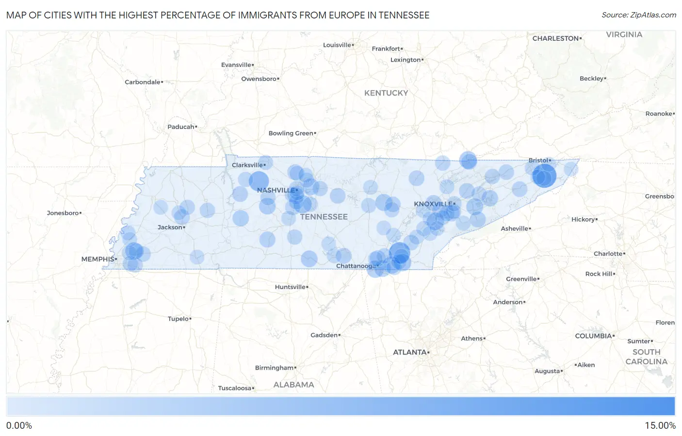 Cities with the Highest Percentage of Immigrants from Europe in Tennessee Map